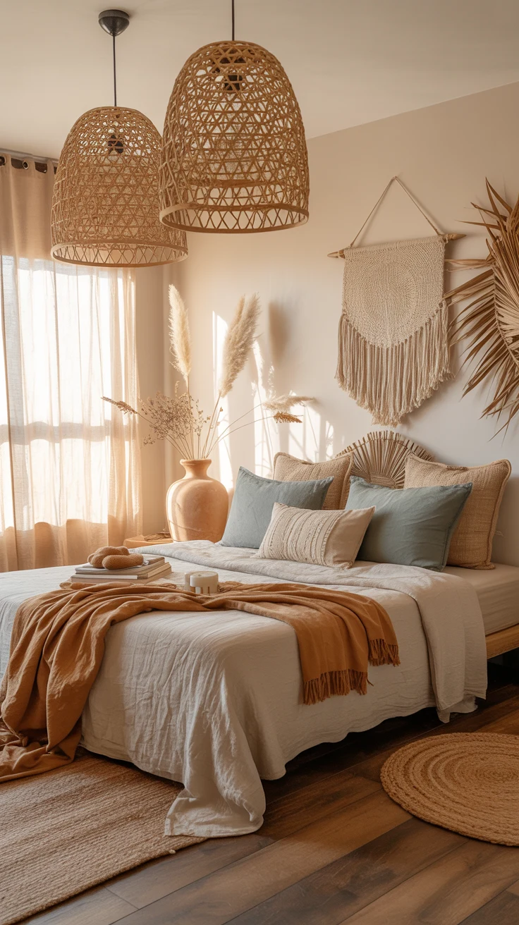earthy bedroom with warm natural cozy styling 