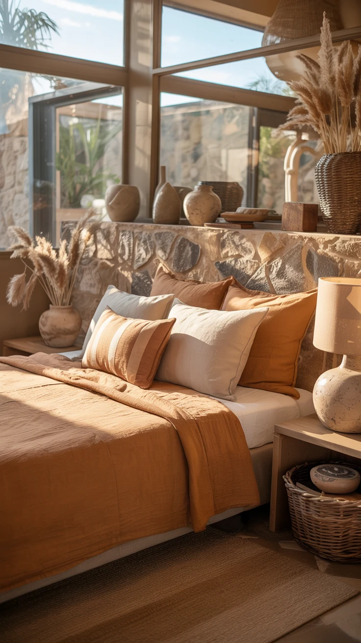 earthy bedroom with warm natural cozy styling 