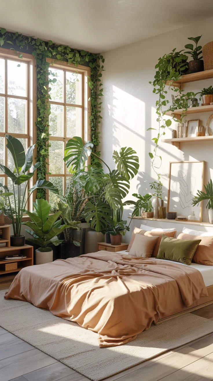 earthy bedroom with warm natural cozy styling 