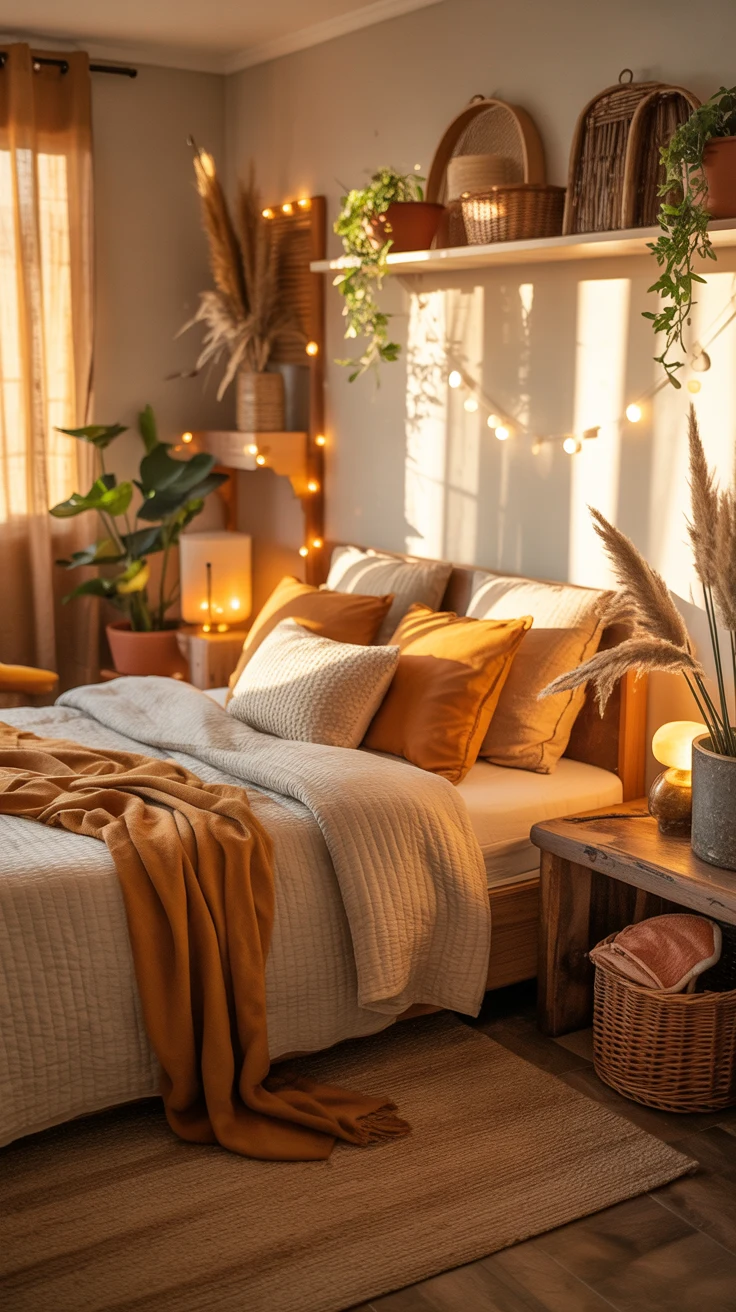 earthy bedroom with warm natural cozy styling 