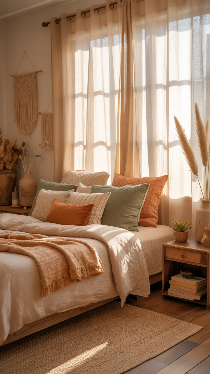 earthy bedroom with warm natural cozy styling 