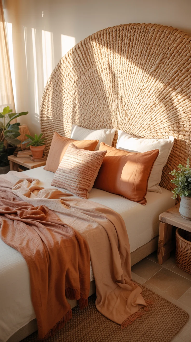 earthy bedroom with warm natural cozy styling 