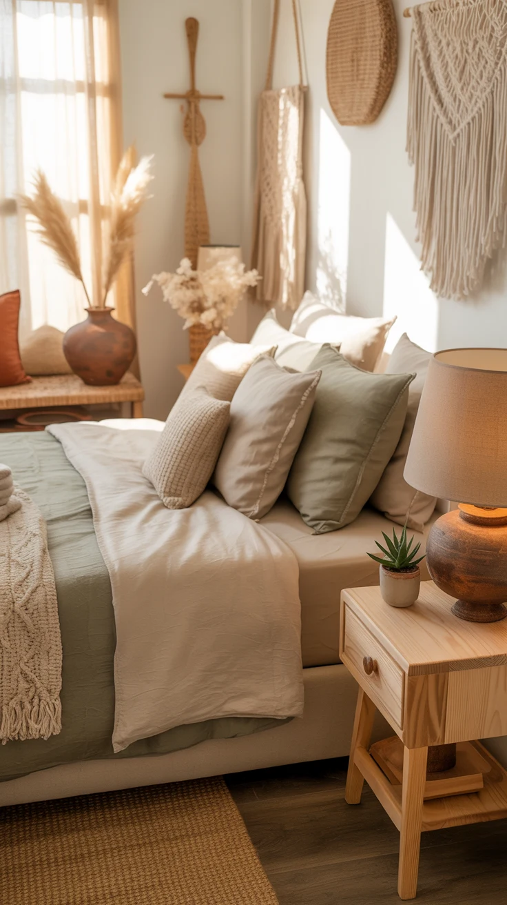 earthy bedroom with warm natural cozy styling 