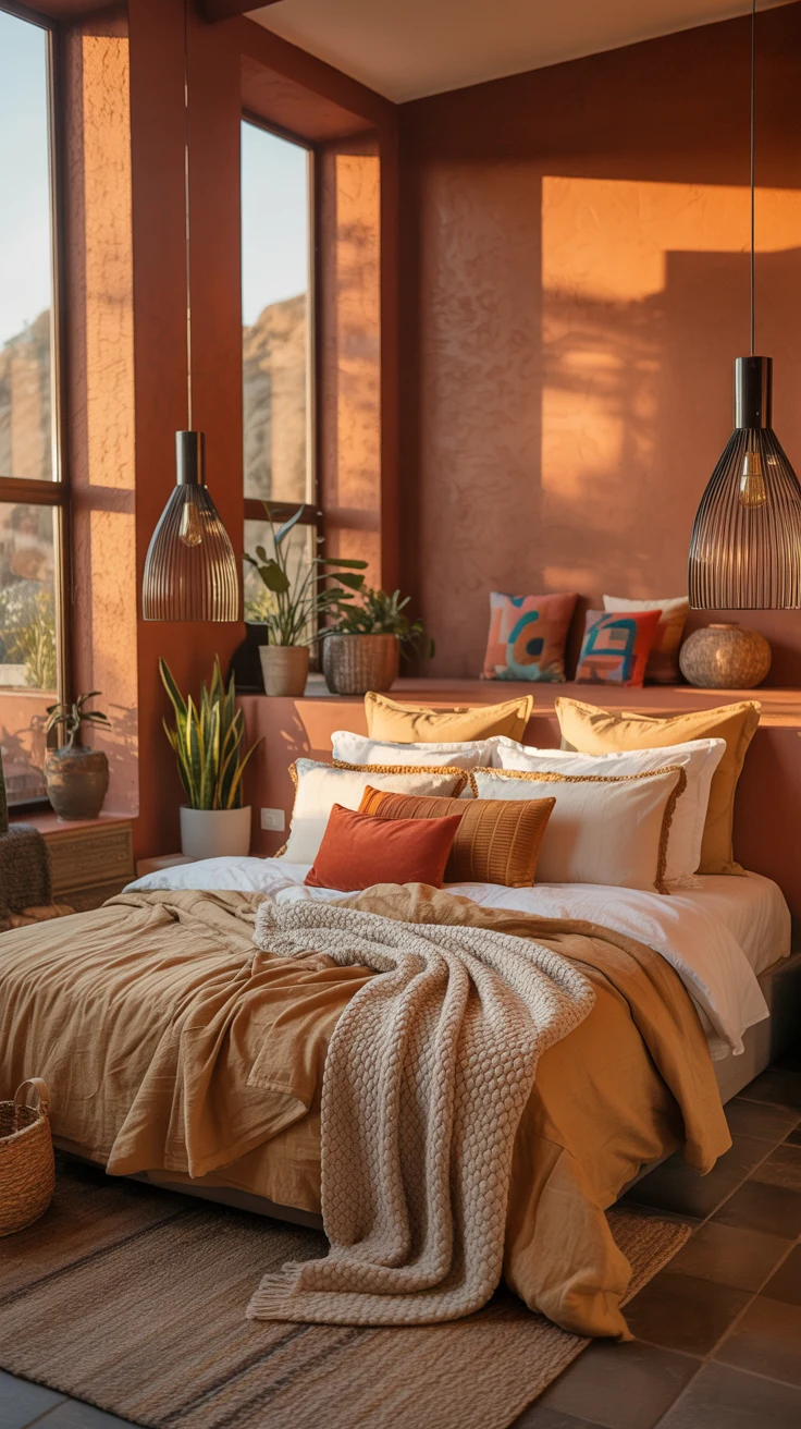 earthy bedroom with warm natural cozy styling 