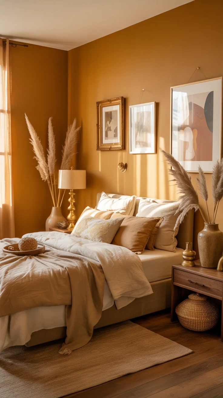 earthy bedroom with warm natural cozy styling