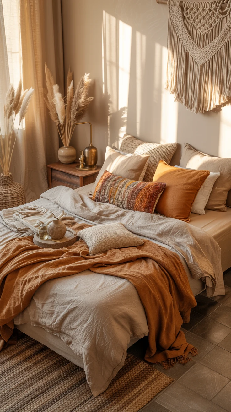 earthy bedroom with warm natural cozy styling 