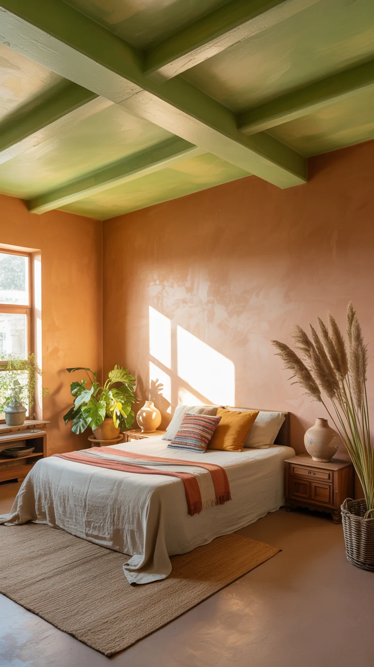 earthy bedroom with warm natural cozy styling 
