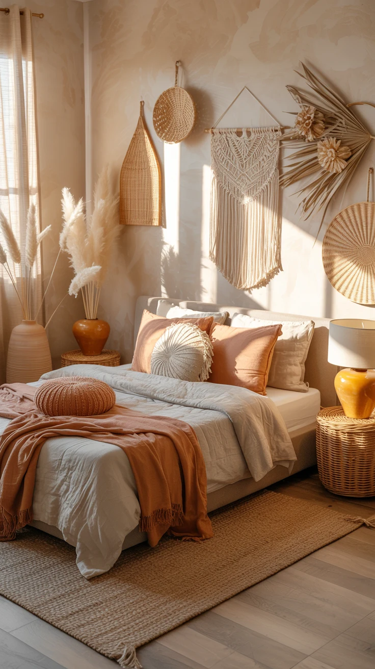 earthy bedroom with warm natural cozy styling 