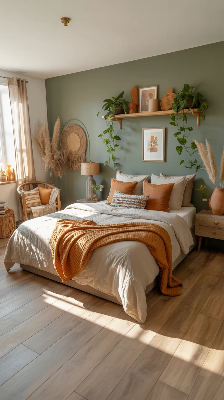 earthy bedroom with warm natural cozy styling 