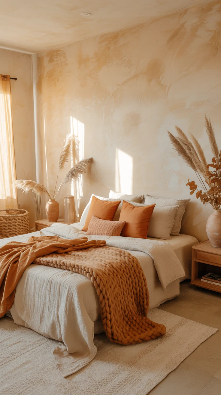 earthy bedroom with warm natural cozy styling 