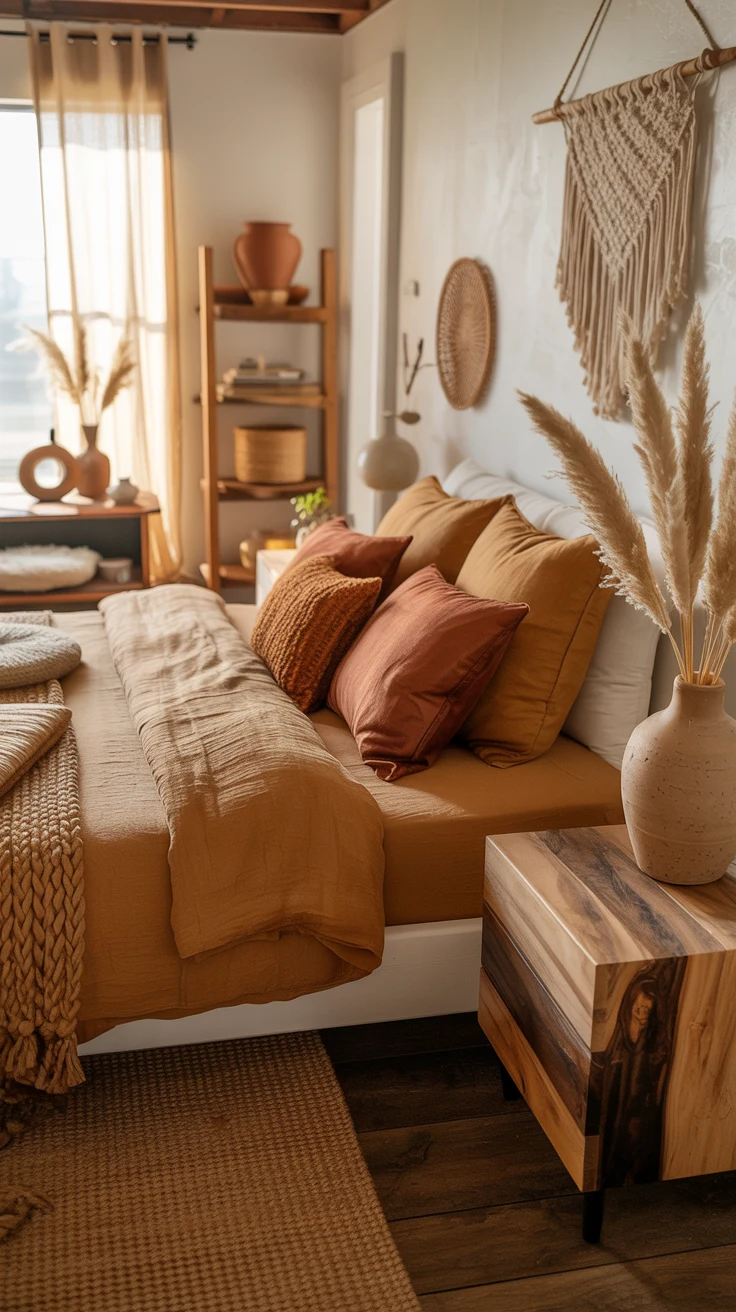 earthy bedroom with warm natural cozy styling 