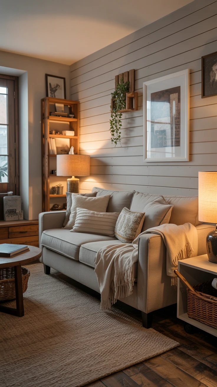 cozy farmhouse living room with warm textures and stylish decor 