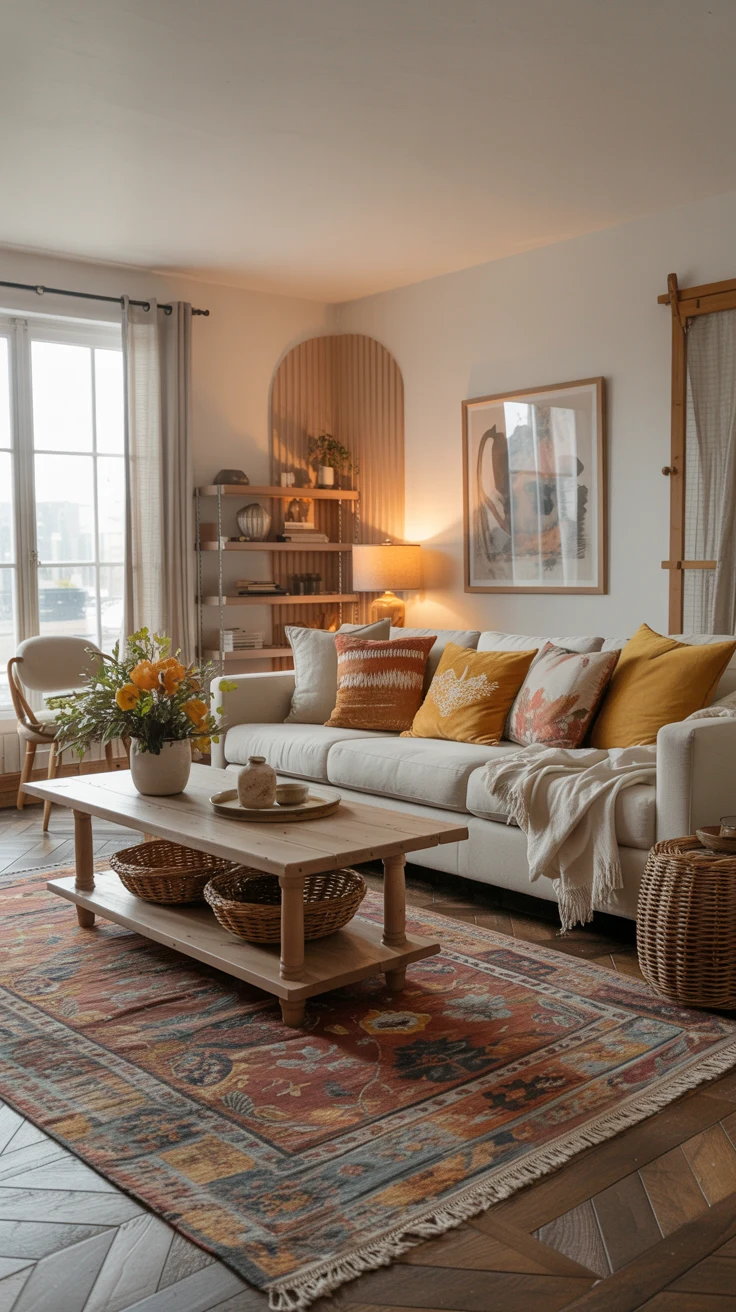 cozy farmhouse living room with warm textures and stylish decor