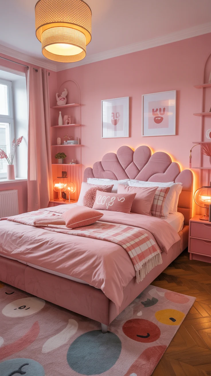 girly pink bedroom with cozy decor and vibrant aesthetic