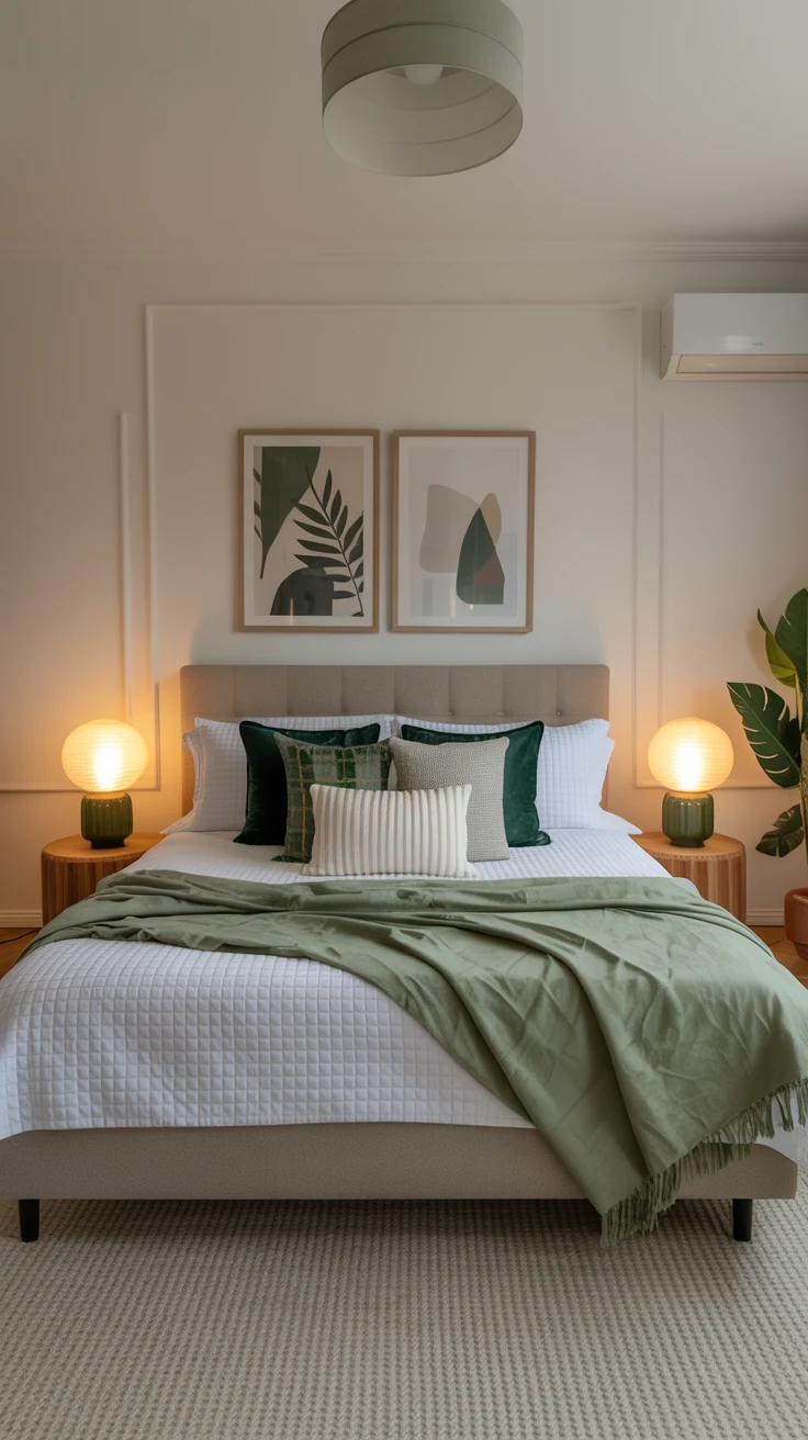 green guest bedroom with cozy decor and natural elements