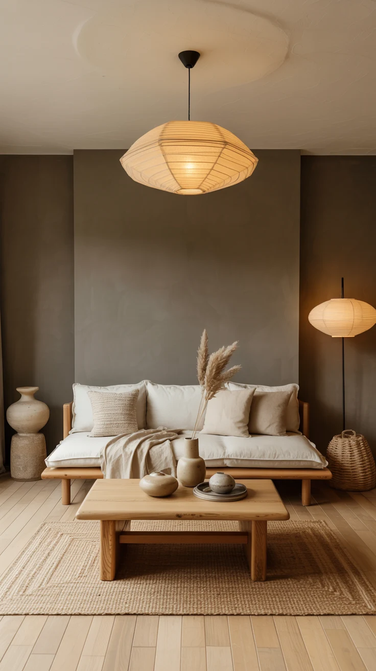 serene Japandi living room with warm minimalist styling