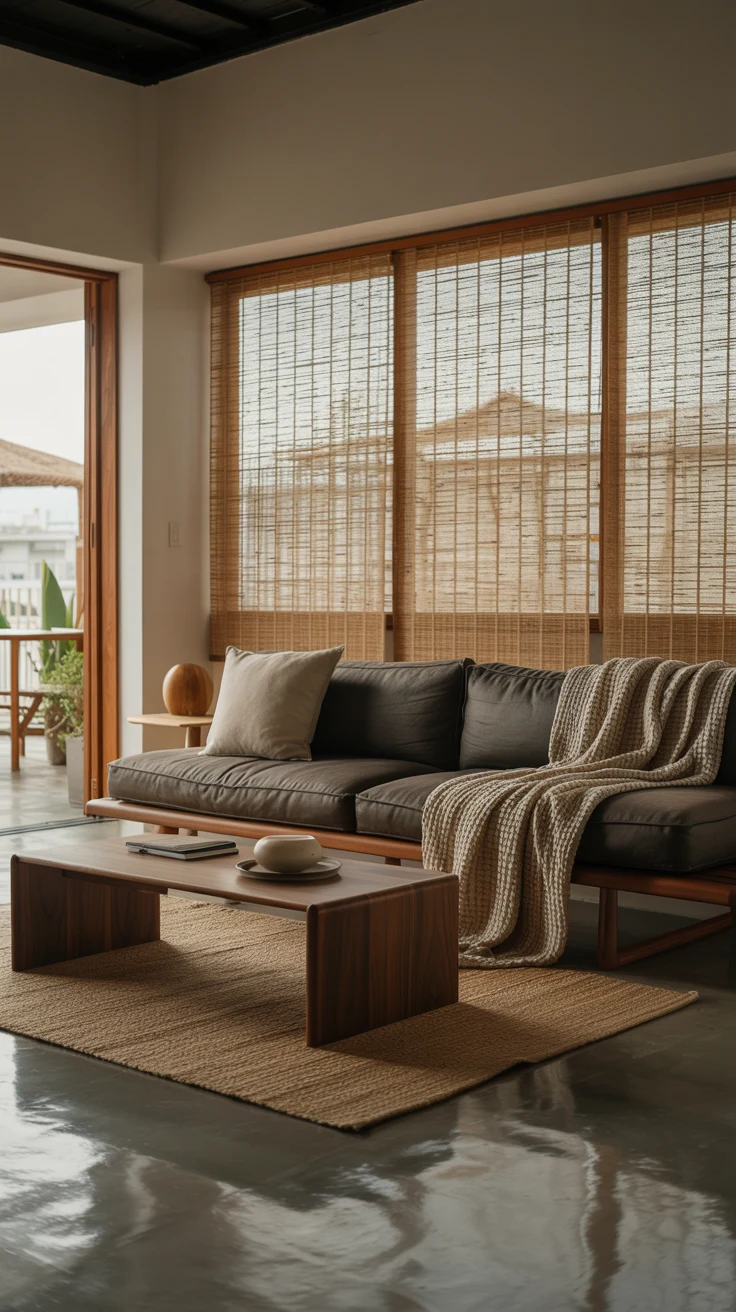 serene Japandi living room with warm minimalist styling
