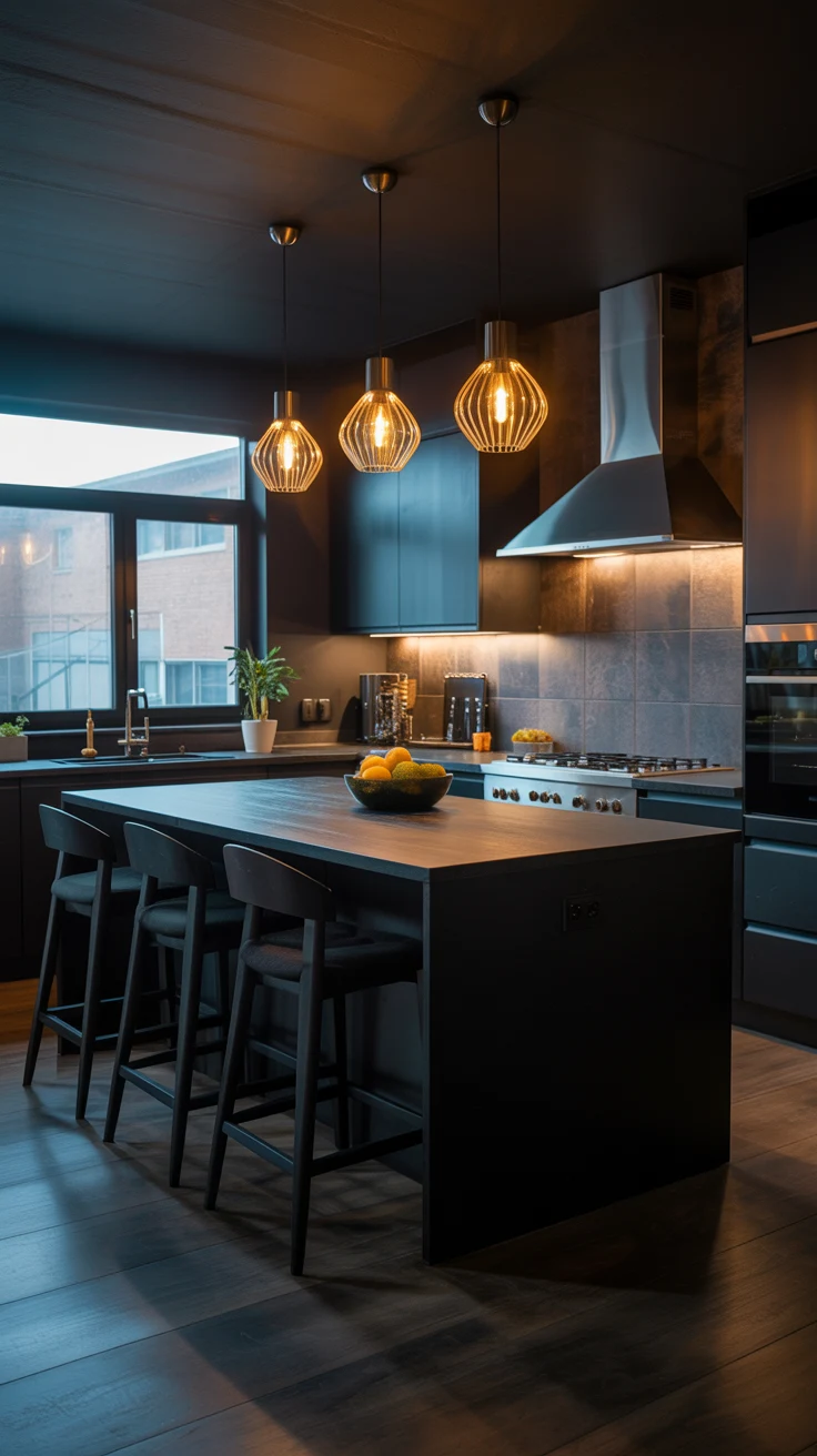 moody modern dark kitchen with matte black details