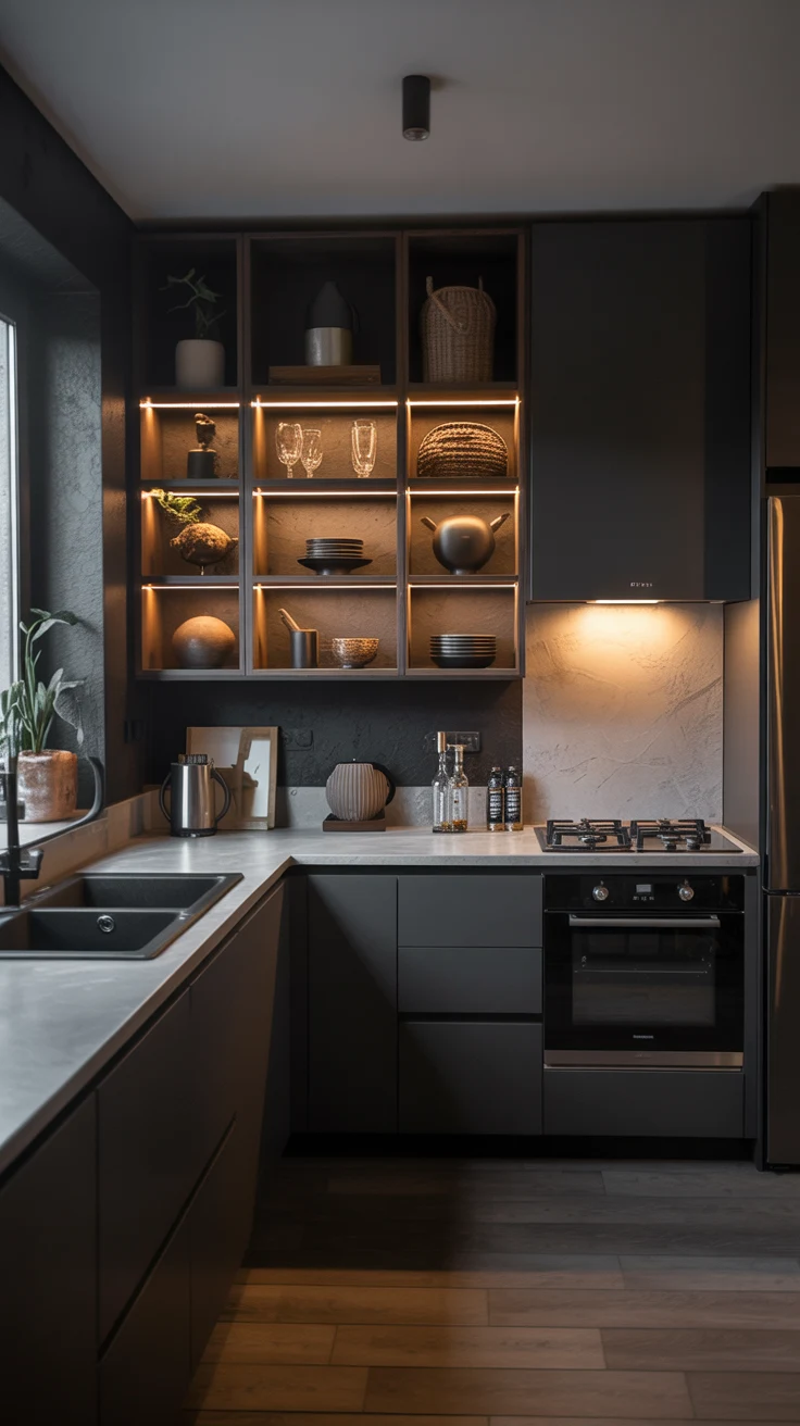 moody modern dark kitchen with matte black details
