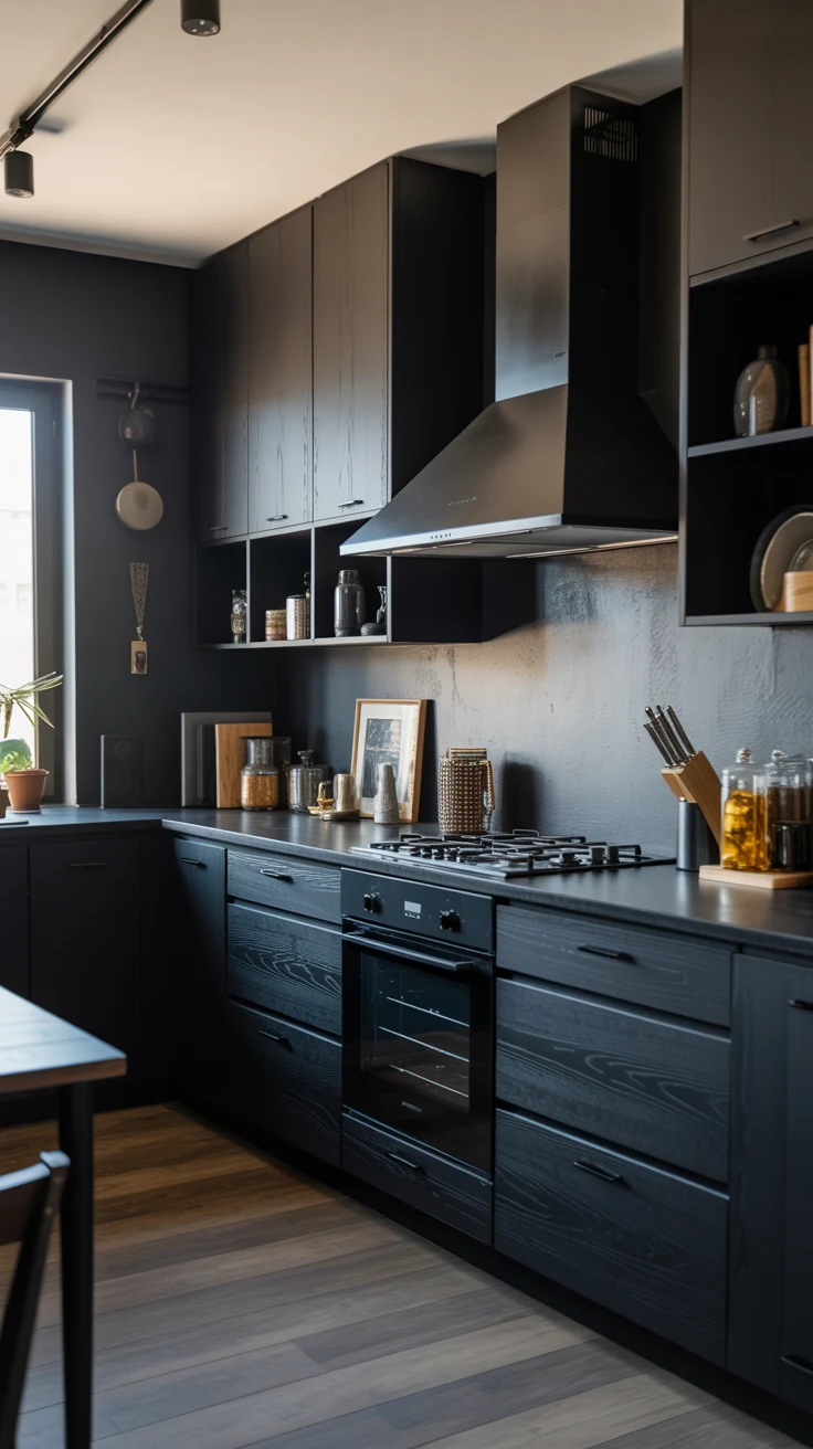moody modern dark kitchen with matte black details