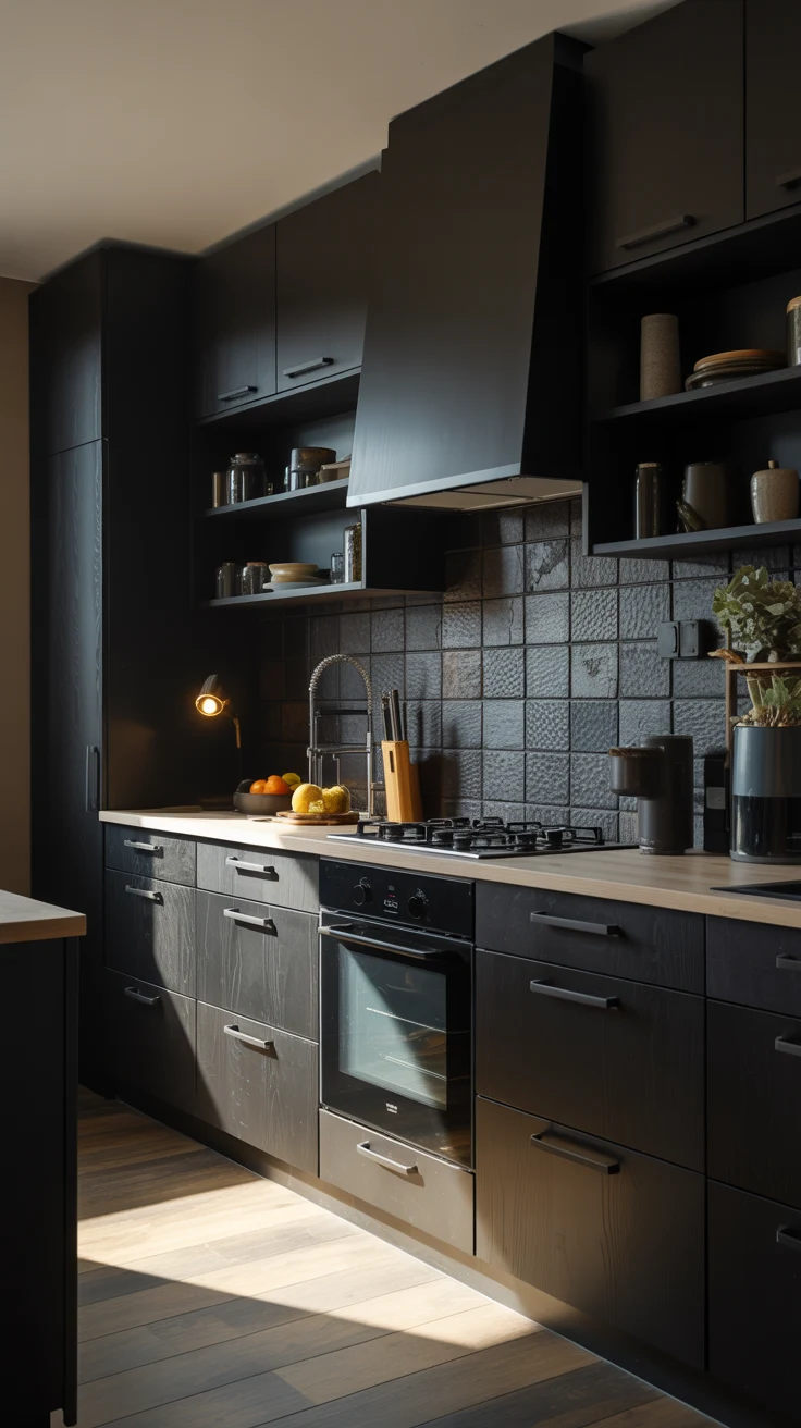 moody modern dark kitchen with matte black details