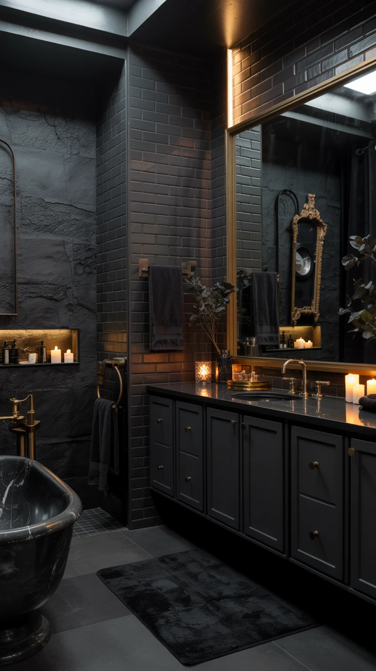 dark moody bathroom with warm luxury styling