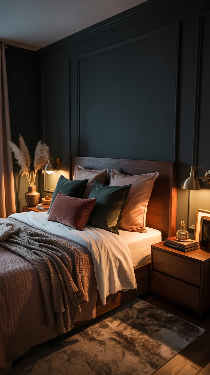 moody bedroom with warm lighting and dramatic styling 