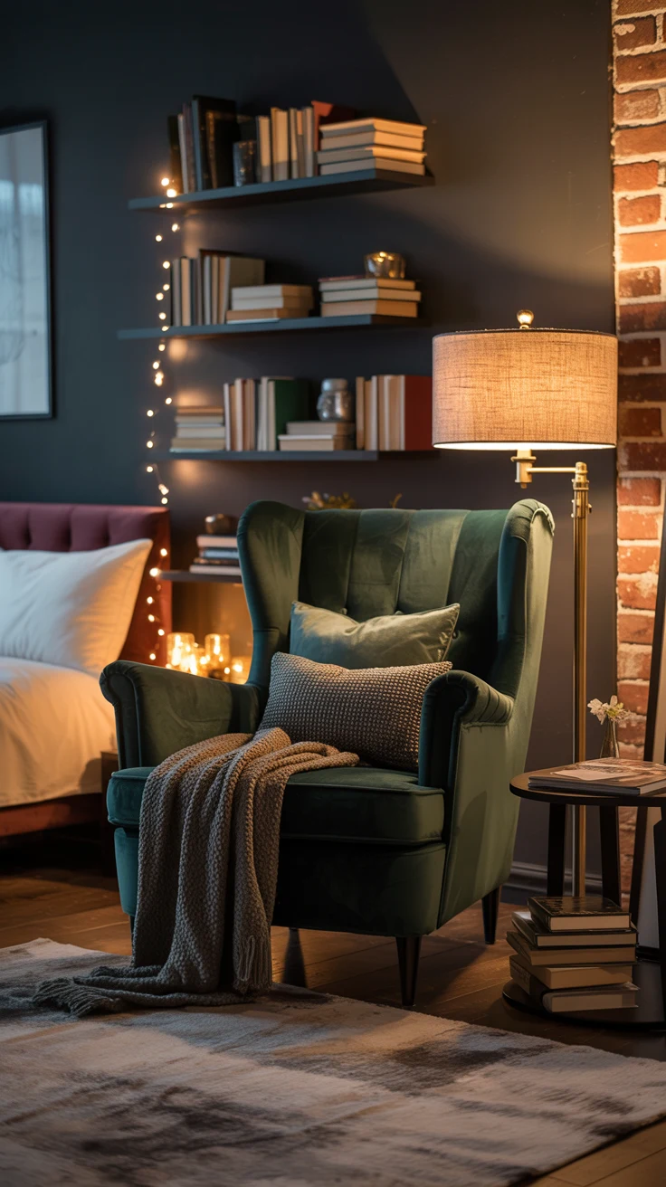 moody bedroom with warm lighting and dramatic styling 