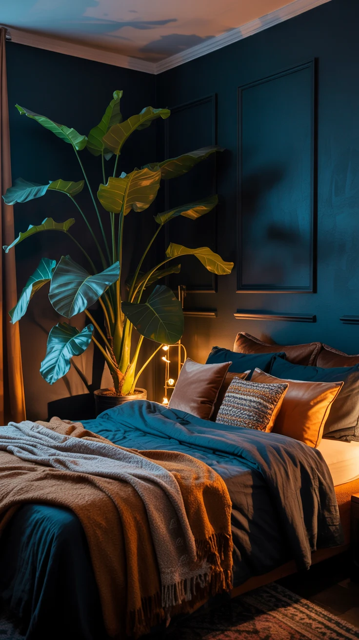 moody bedroom with warm lighting and dramatic styling 