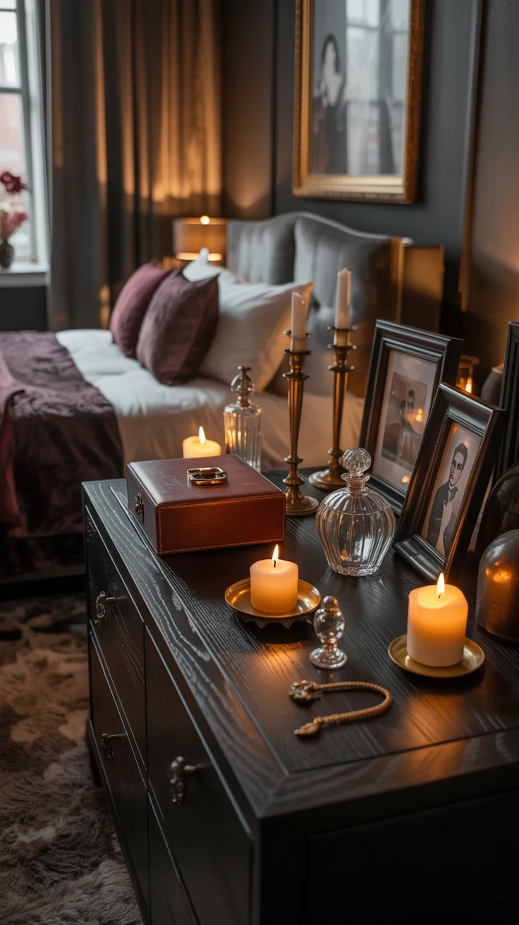 moody bedroom with warm lighting and dramatic styling 