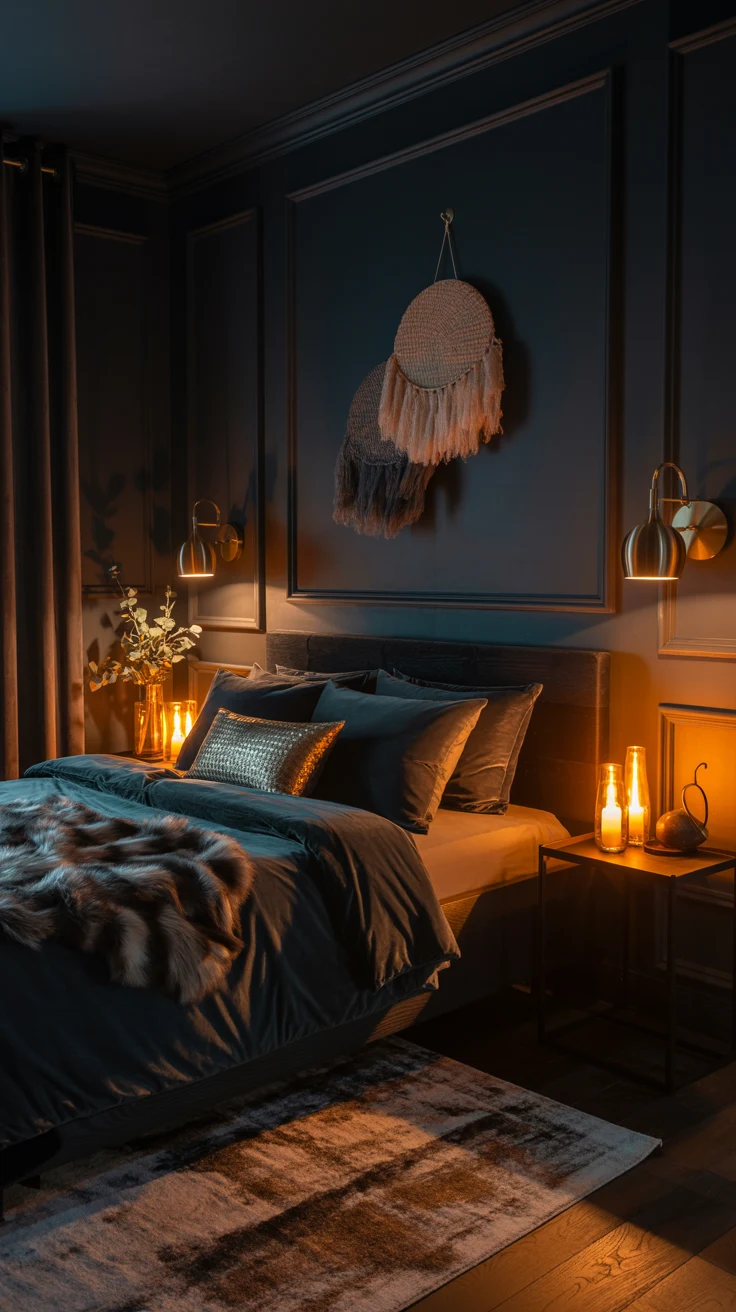 moody bedroom with warm lighting and dramatic styling 