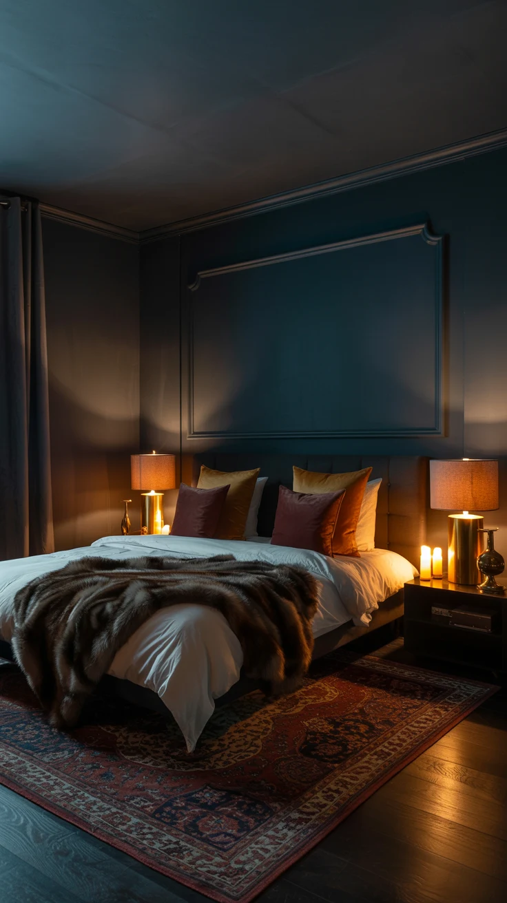 moody bedroom with warm lighting and dramatic styling 