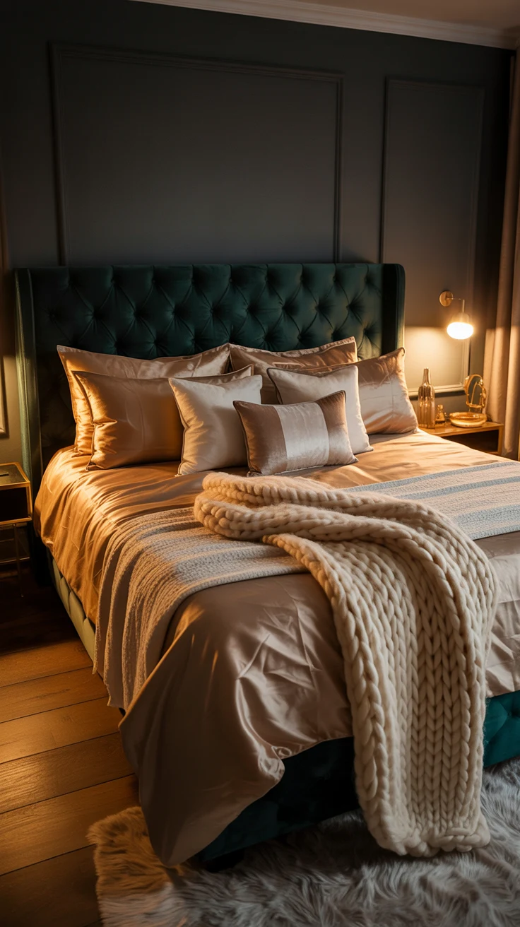 moody bedroom with warm lighting and dramatic styling 