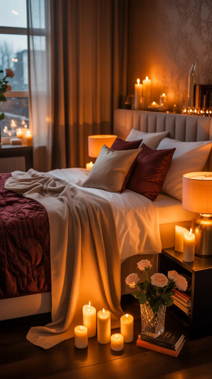 moody bedroom with warm lighting and dramatic styling 