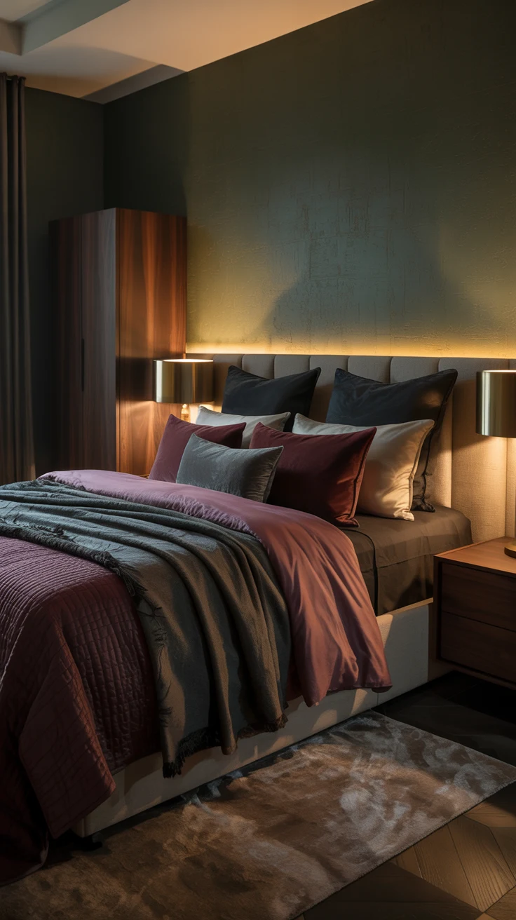 moody bedroom with warm lighting and dramatic styling