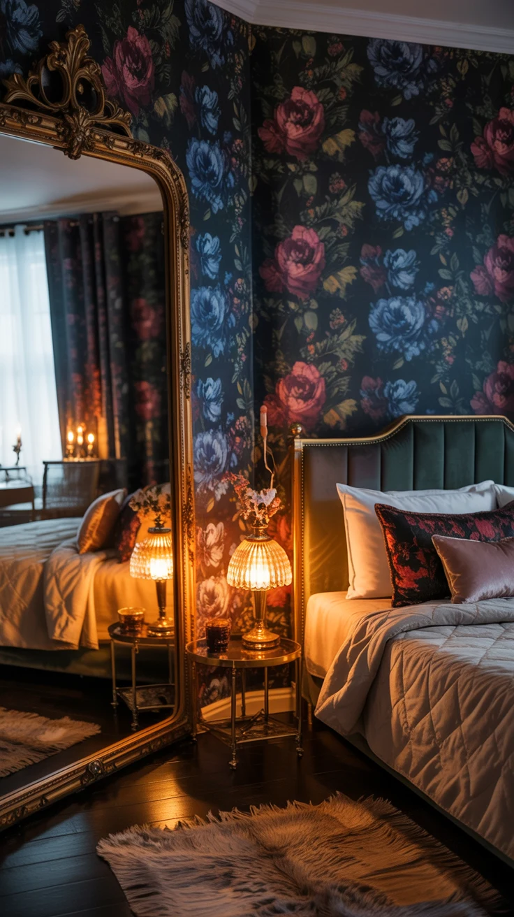 moody bedroom with warm lighting and dramatic styling 