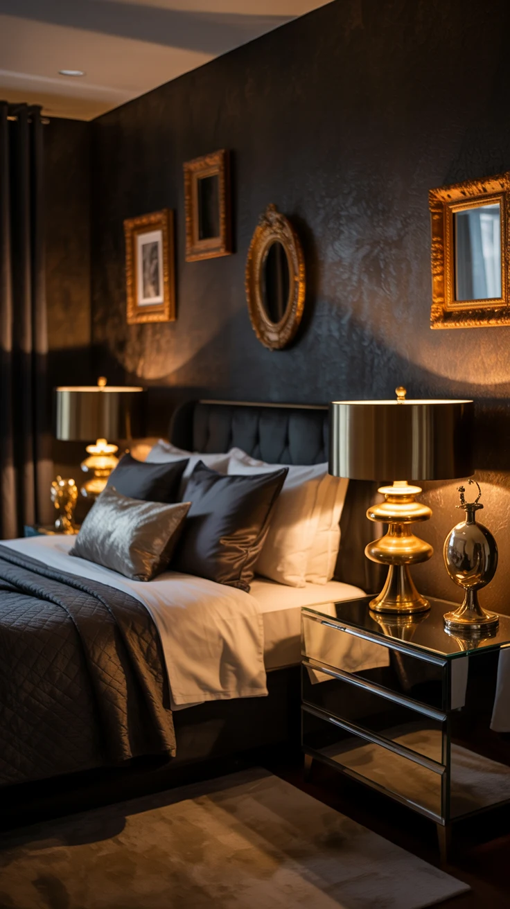 moody bedroom with warm lighting and dramatic styling 