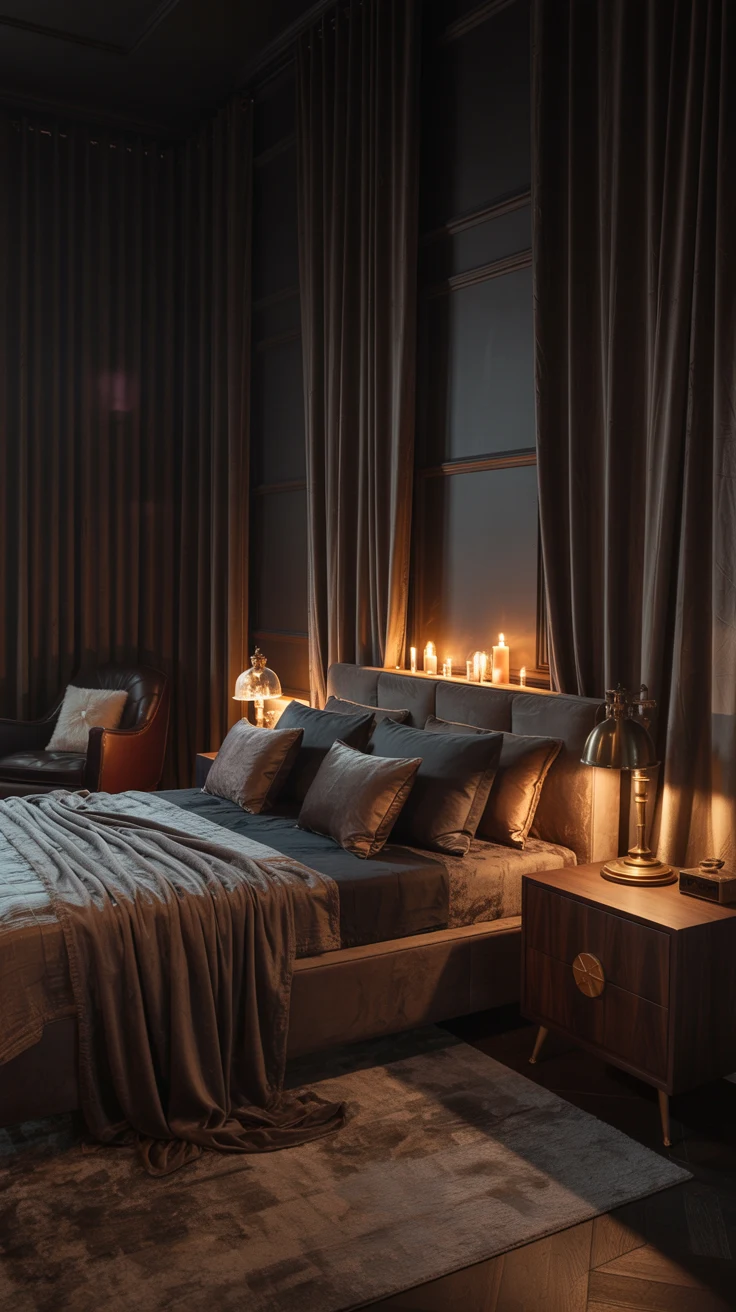 moody bedroom with warm lighting and dramatic styling 
