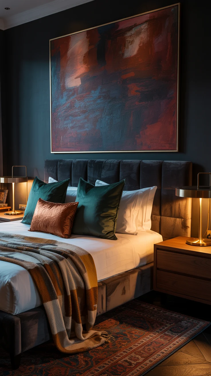 moody bedroom with warm lighting and dramatic styling 