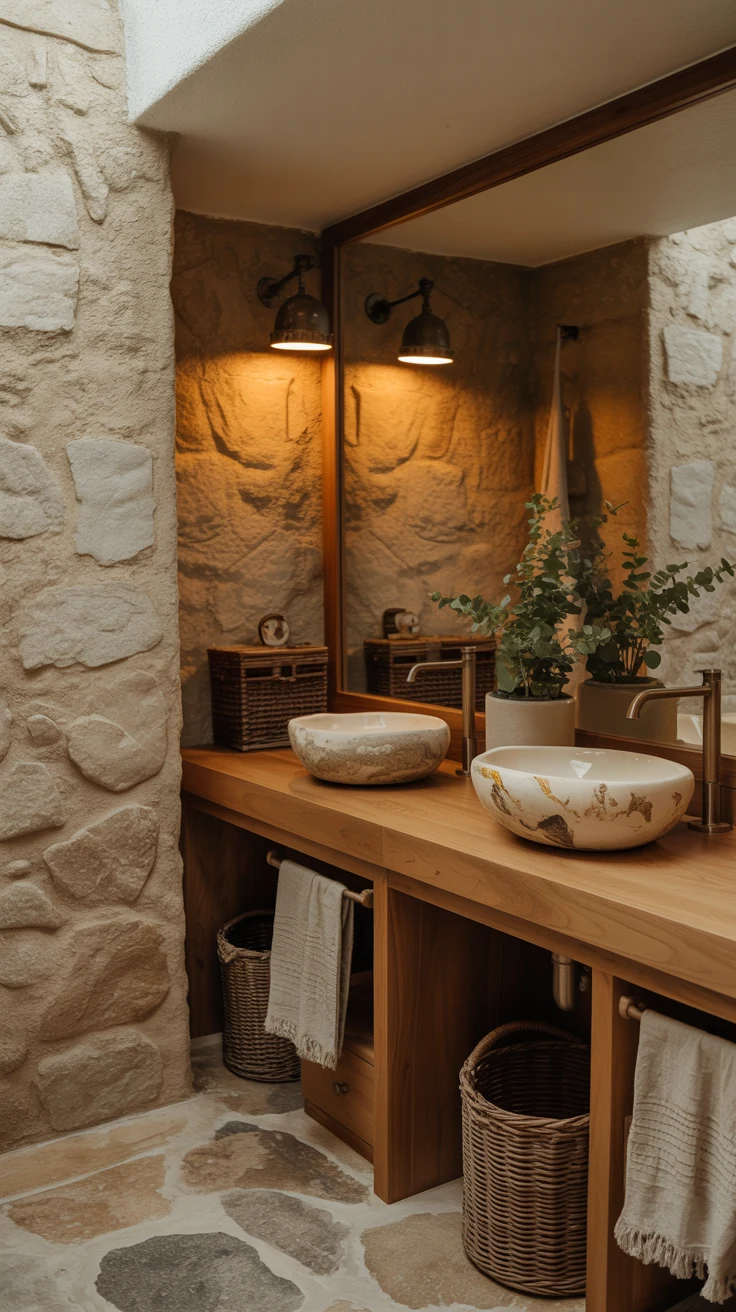 neutral bathroom with warm tones and spa-like styling