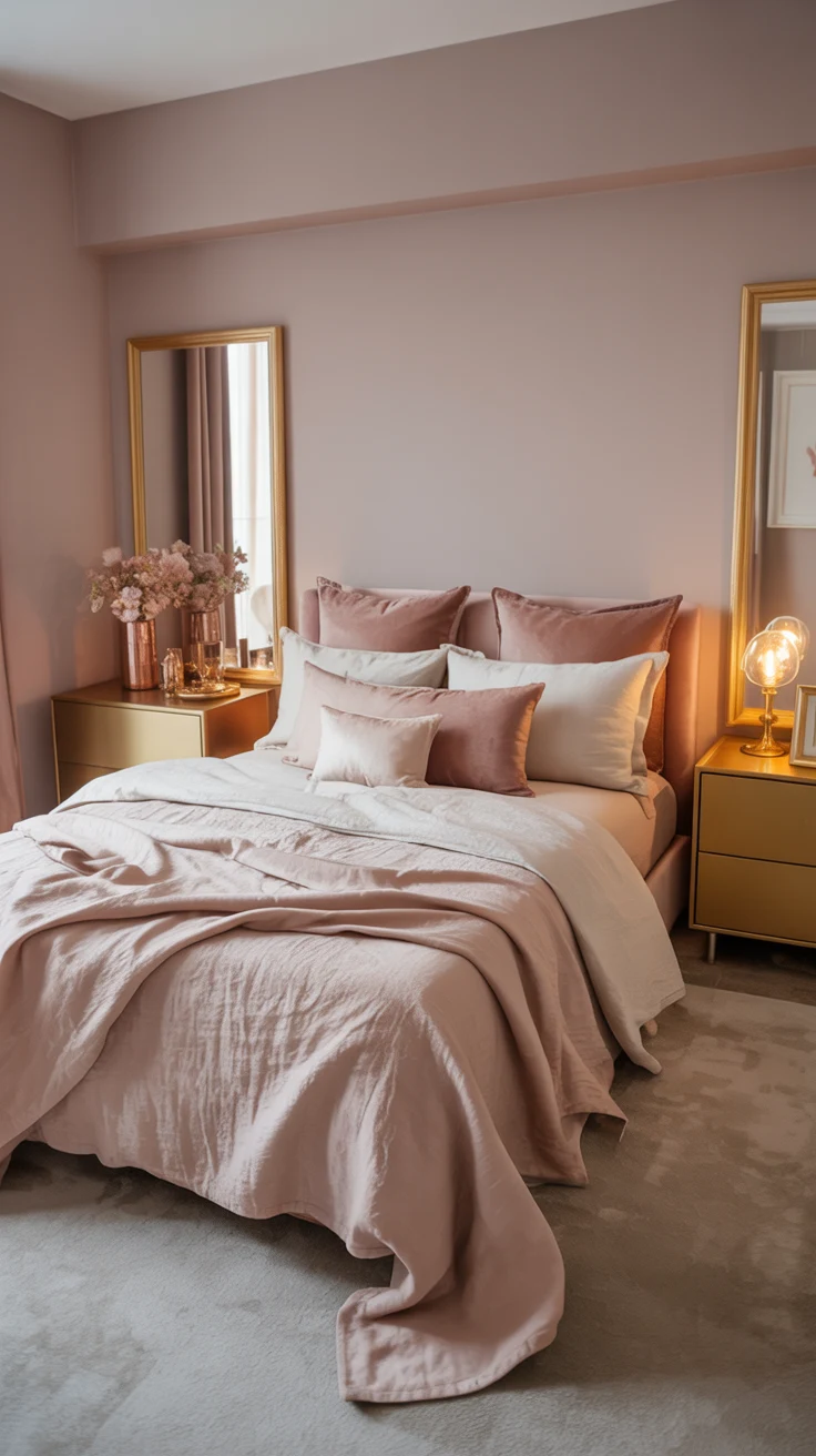 pink and gold bedroom with cozy elegant styling