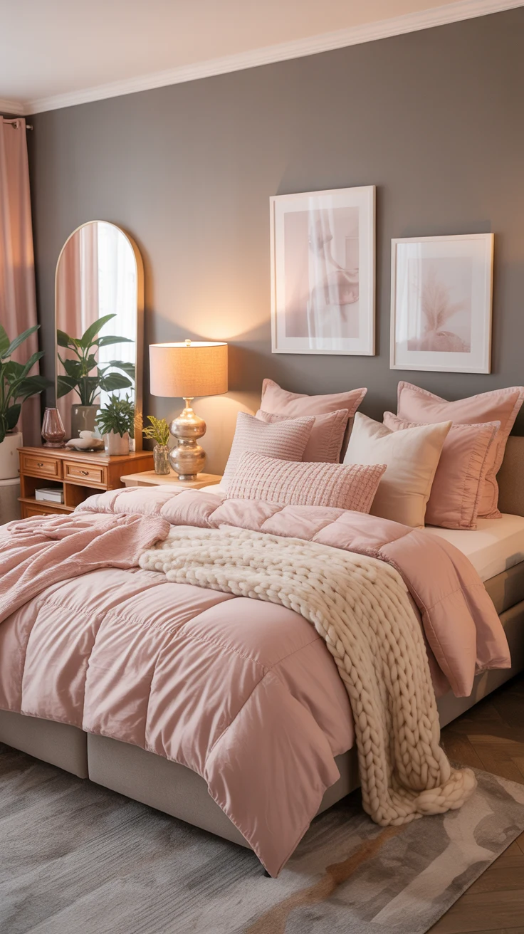 pink and grey bedroom with cozy textures