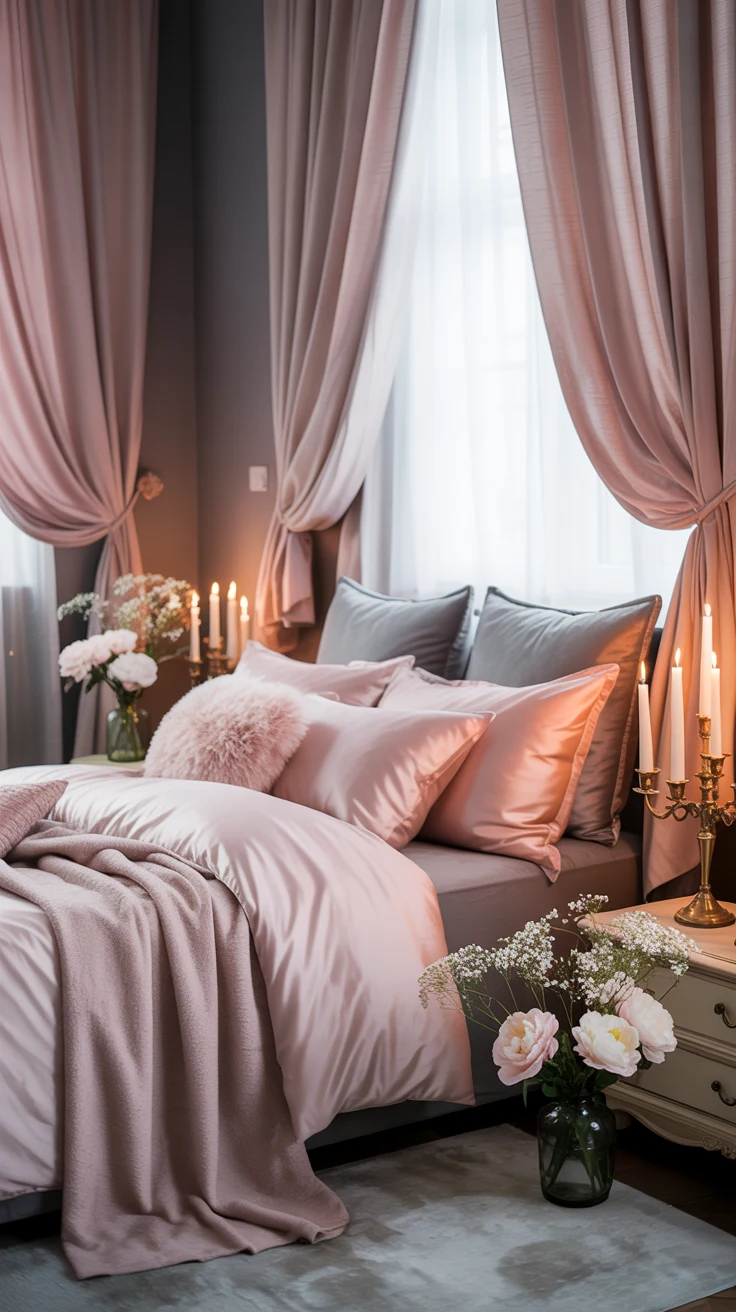 pink and grey bedroom with cozy textures