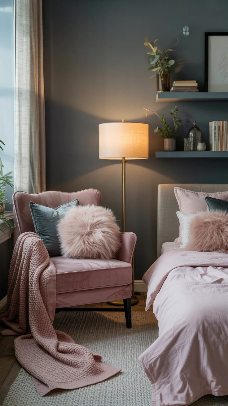 pink and grey bedroom with cozy textures