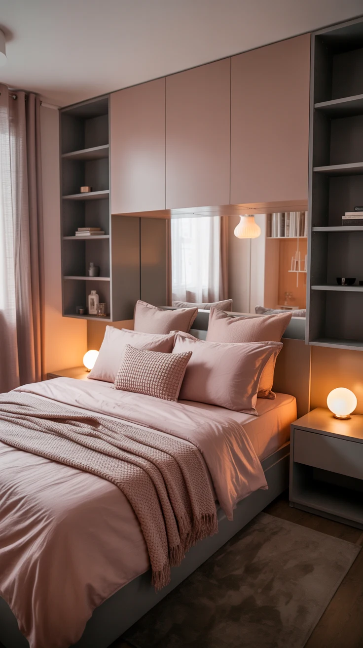 pink and grey bedroom with cozy textures
