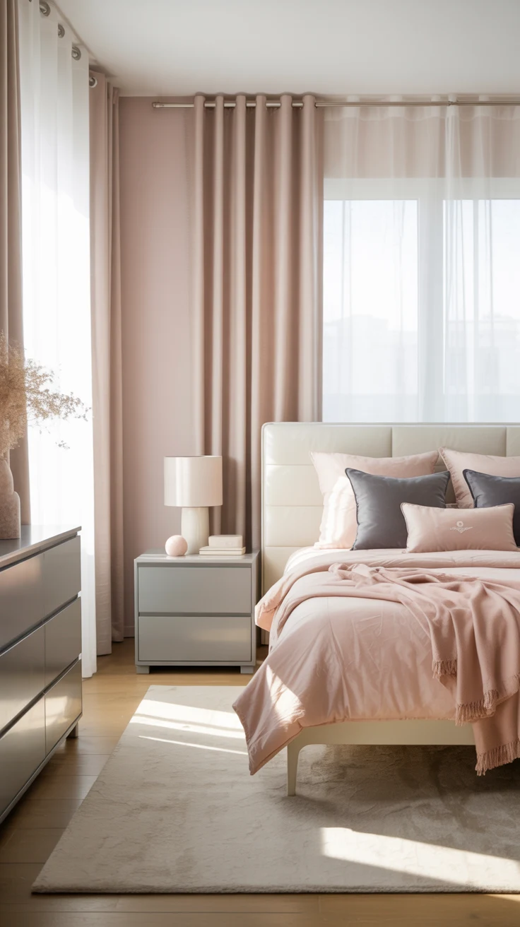 pink and grey bedroom with cozy textures
