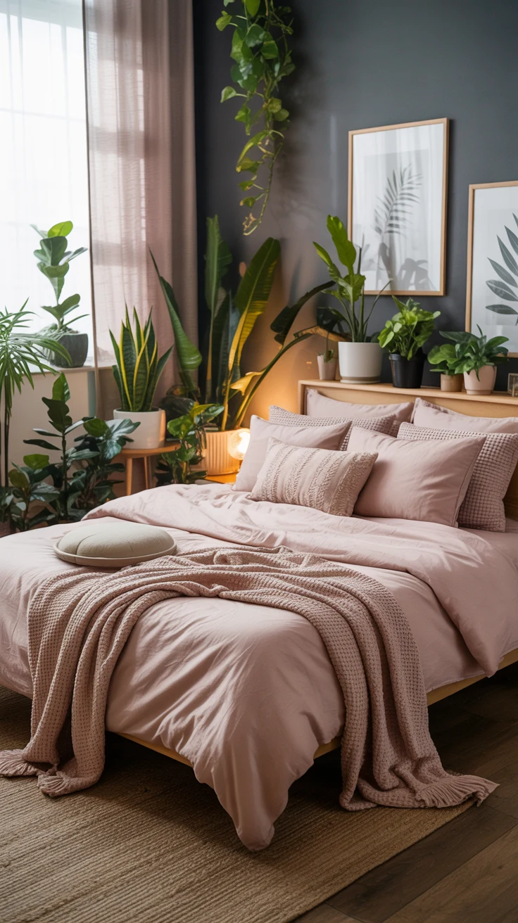 pink and grey bedroom with cozy textures