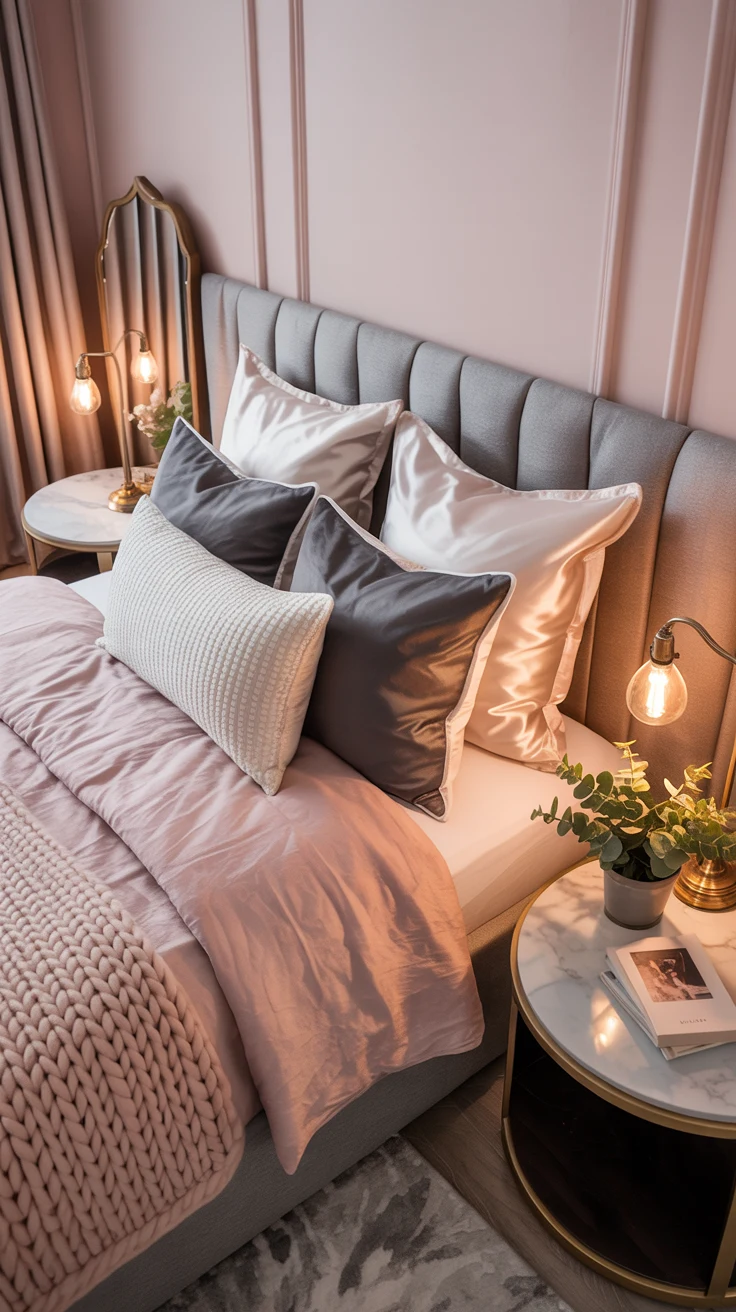 pink and grey bedroom with cozy textures