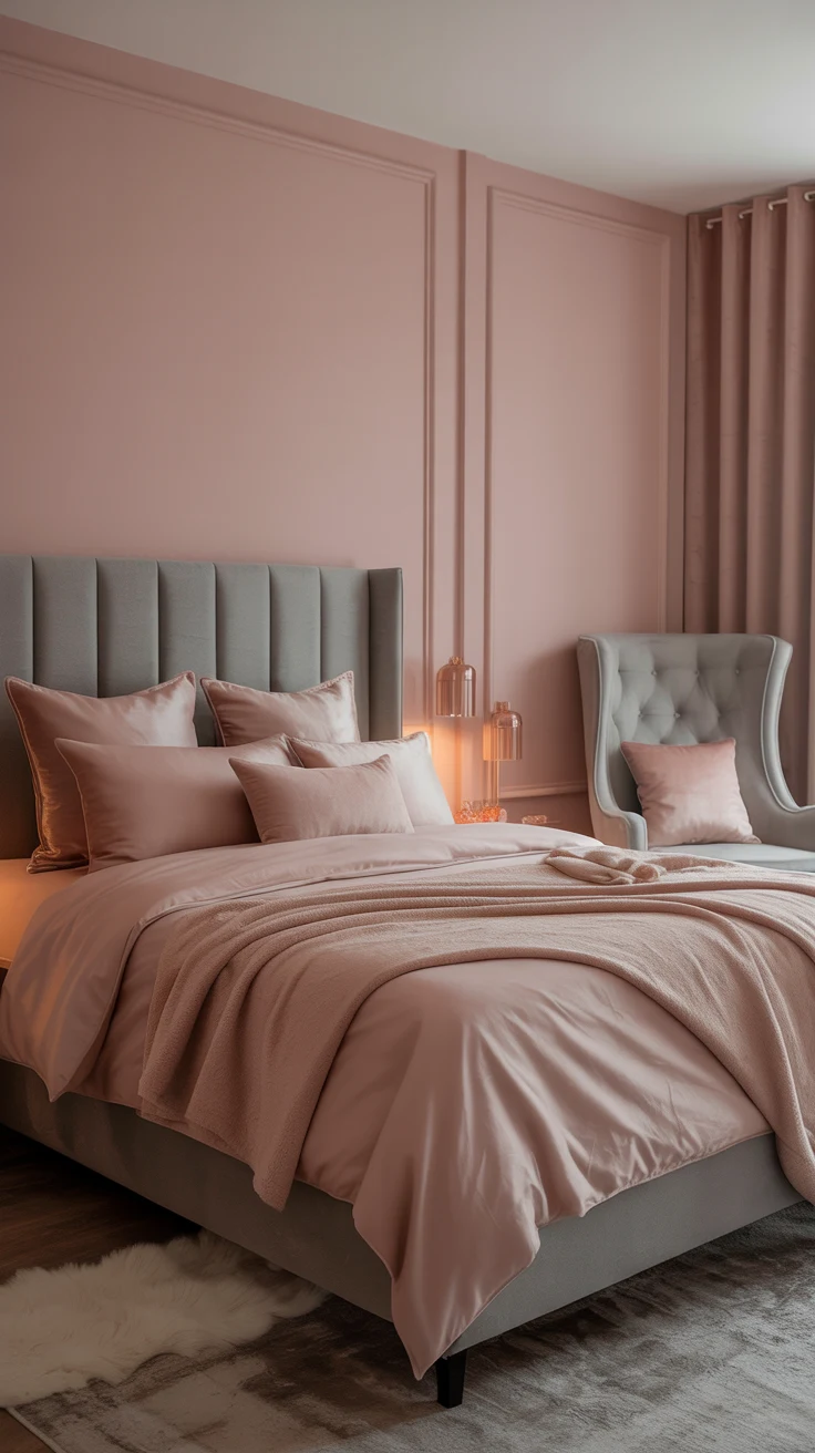 pink and grey bedroom with cozy textures