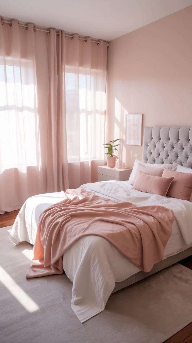 pink and grey bedroom with cozy textures